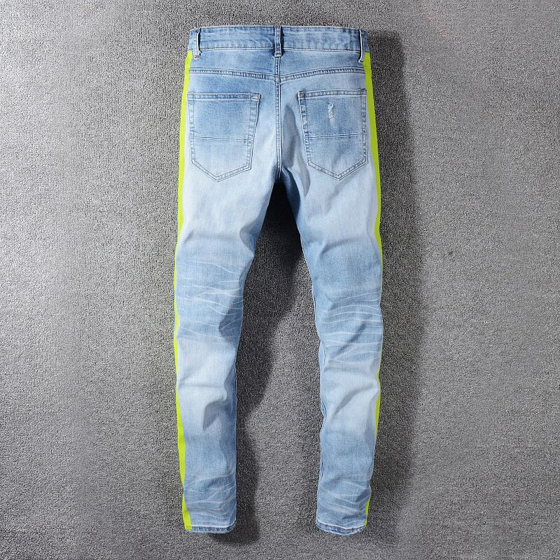 Mænds neon gule farve linjer patchwork ripped jeans huller ødelagt denim stretch bukser slim fit man jeans 28-40
