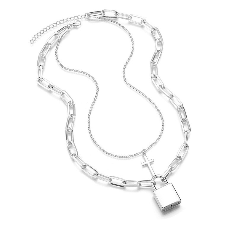 LETAPI Persoonlijkheid Cross Lock Metalen Multilayer Hip hop Lange Chain Cool Eenvoudige Ketting Voor Vrouwen mannen Sieraden