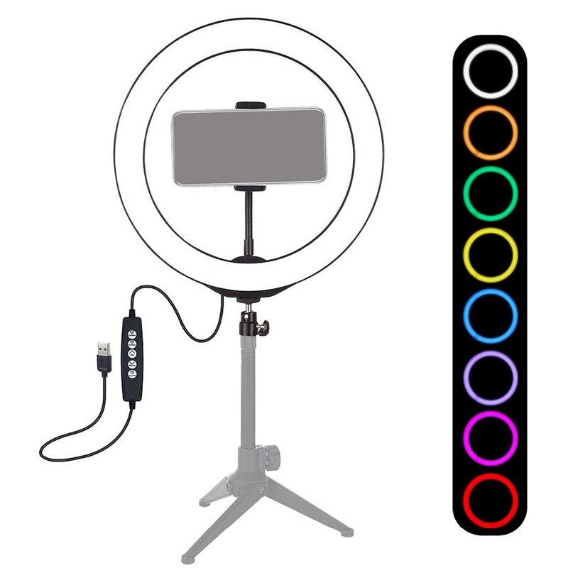 Led Ring Light Rgb Kleurrijke Dimbare Usb Ring Licht Voor Live Video 8 Inch/20Cm Met Telefoon Clip