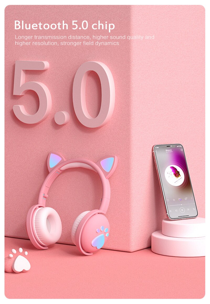 BK1 Cat Ear Bluetooth Headset Led Luminous Foldable Children's Gaming Wireless 5.0 Headset Earphone Bluetooth Adults Headphones