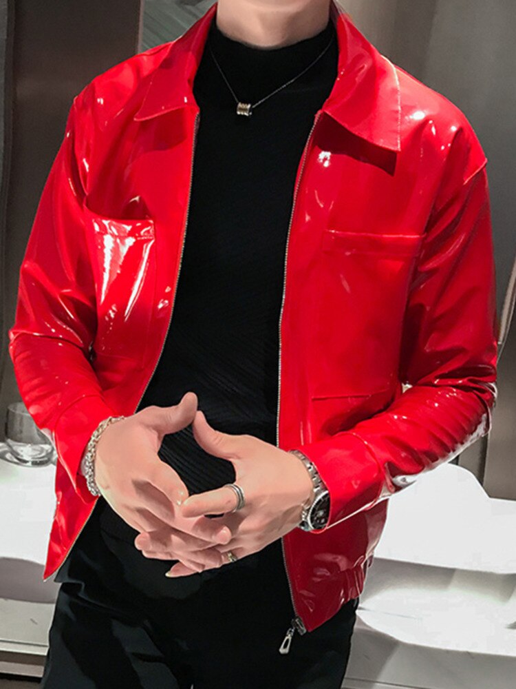 PFNW blouson en cuir brillant pour homme, couleur unie, Slim, rouge, noir, marron, boîte de nuit