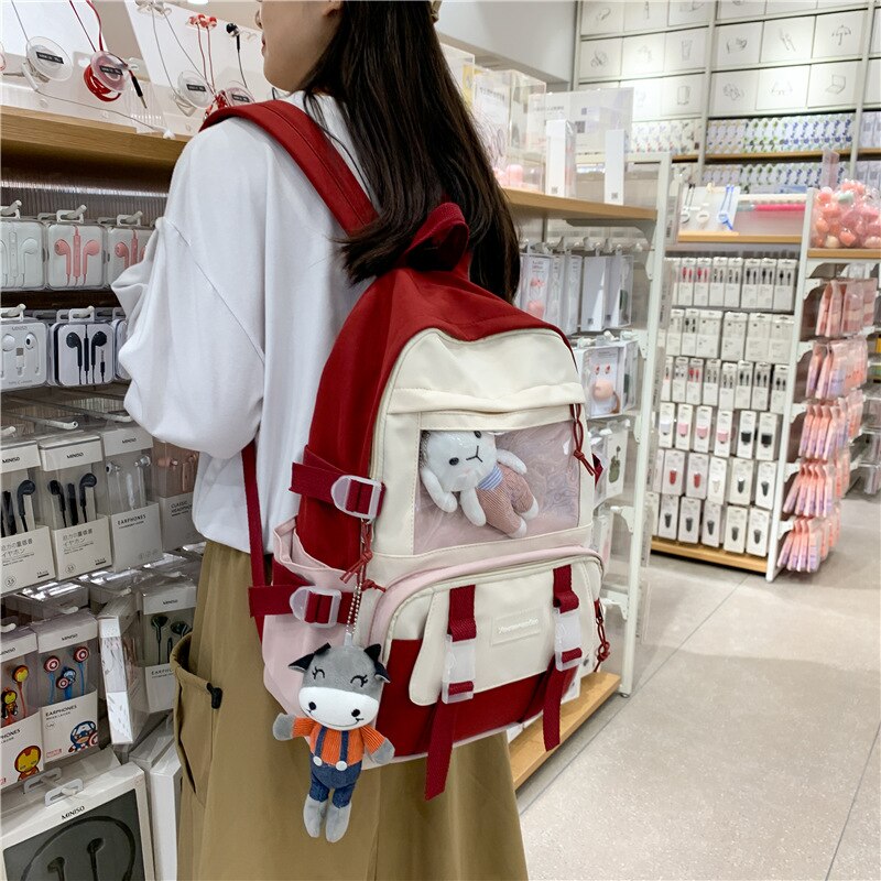 Mochila de Nylon impermeable de gran capacidad para mujer, bolso de viaje coreano para chica joven, bolsillo transparente, mochila escolar con hebilla de inserción, novedad de