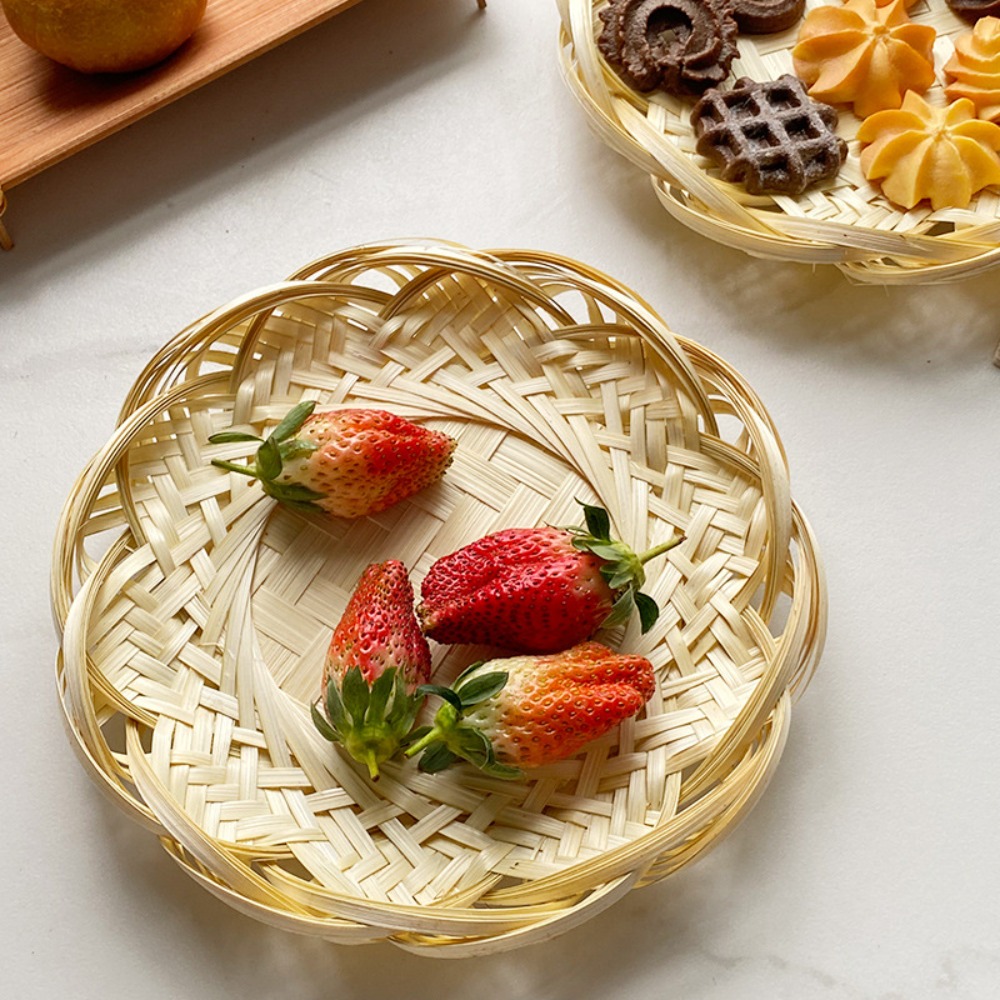 Multifunctioneel handgemaakt bamboe broodbakje geweven ronde dessertbord Japanse retro sushi serveerschaal koffie