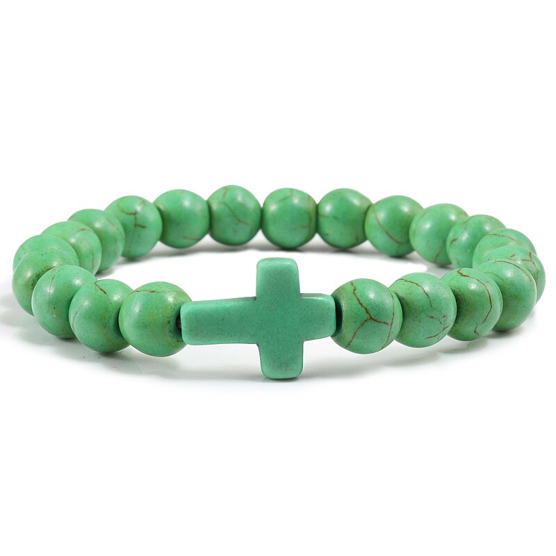 Trendy Jesus Charm Natural Stone Cross Bracelet Blue Turquoises Matte Beaded Bracelets For Men Women Prayer Couple Jewelry: Green