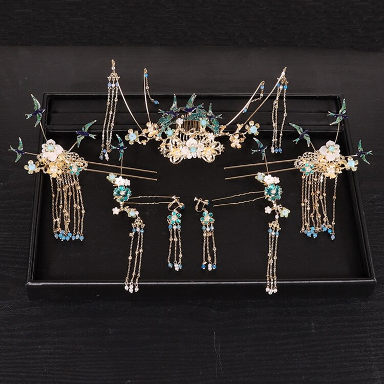 Sposa cinese accessori per capelli blu Costume copricapo Phoenix corona nappa orecchini gioielli Set gioielli per le donne