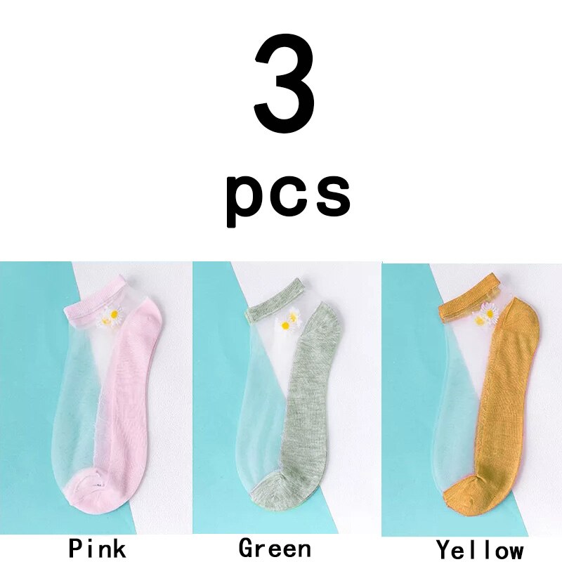 Calcetines de malla ultrafinos para mujer, medias transparentes de seda y fibra de vidrio, tobilleras, margaritas y flores, Sexy, 5 par/lote: Style 10