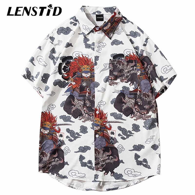 LENSTID Men Hip Hop Cat Samuri Printed Hawaiian Shirt Harajuku Streetwear Beach Shirt Summer Short Sleeve Thin Aloha Shirts