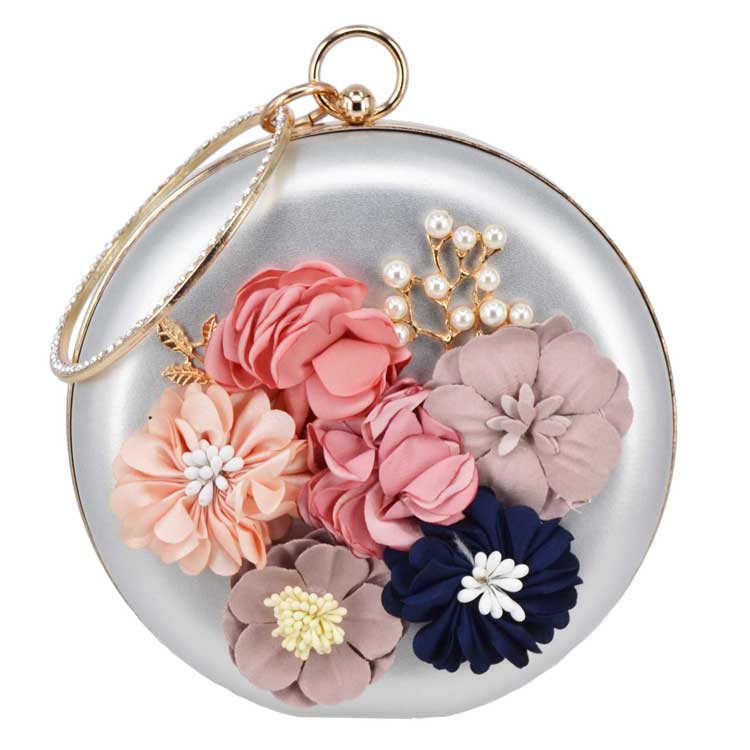 Bolso de mano Circular de pu con flores para mujer, cartera de mano de noche con Floral para , boda, x55: Silver