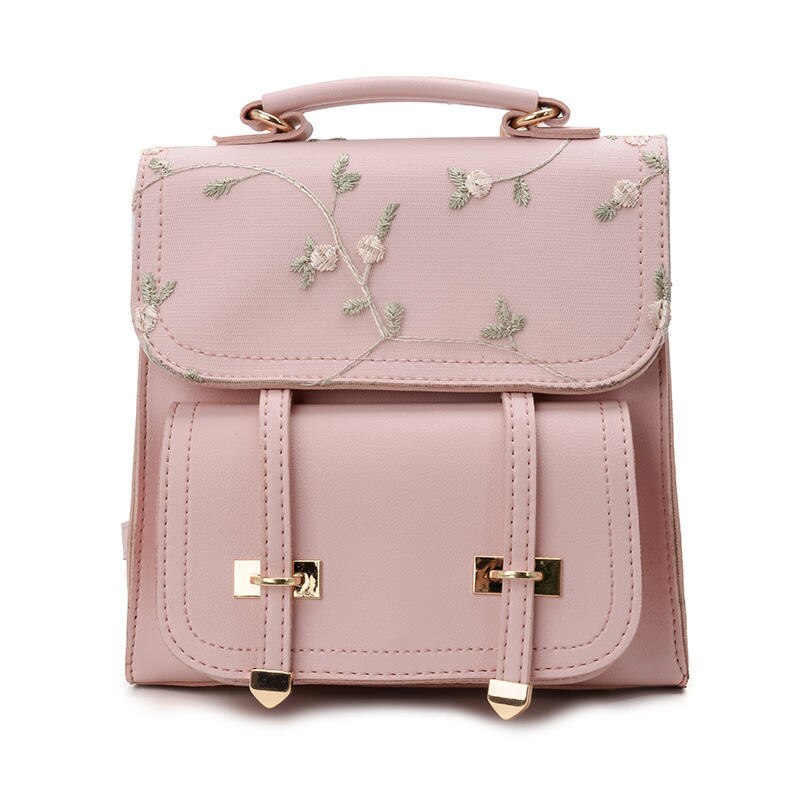 Women Backpack School Teenage Girls Small Shoulder Bag Leather Backpack Floral Embroidery Rucksack: pink