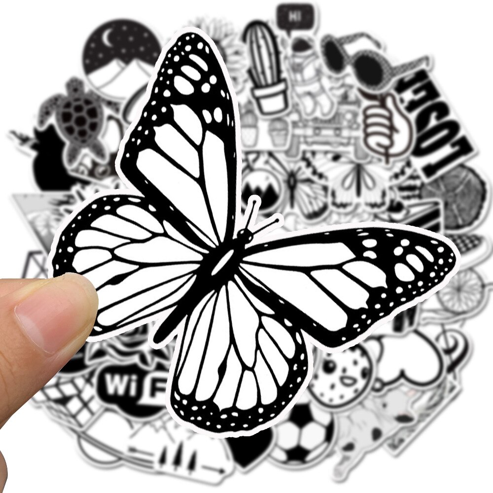 50pcs Black and White Cartoon Stickers Kids Luggage Notebook Laptop Sticker Skateboard Suitcase Decals For Computer Sticker