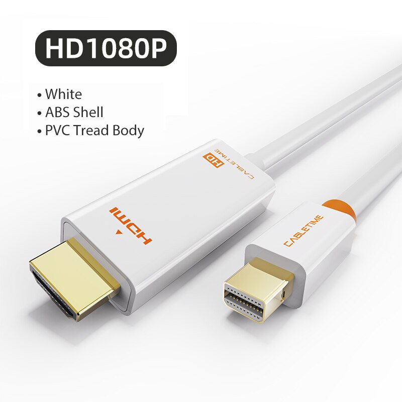 CABLETIME Mini Displayport do HDMI kabel Mini DP 1.2 Thunderbolt Displayport do HDMI kabel 1080P dla Surface pro 6 telewizor z dostępem do kanałów C054: BIAŁY / 2 m