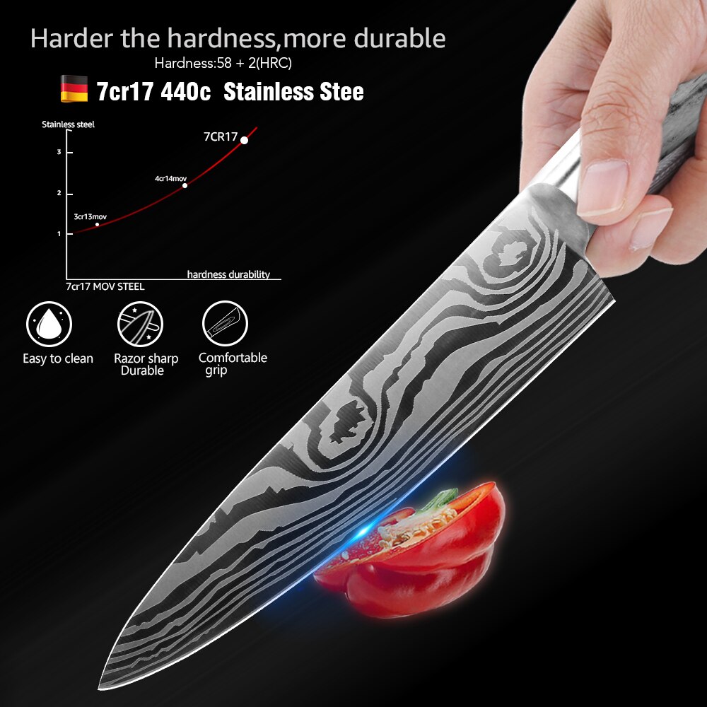Cuchillo de cocina de acero inoxidable 7Cr17 440C, herramienta de Chef de Damasco para dibujar carne, Santoku, 1-9 piezas