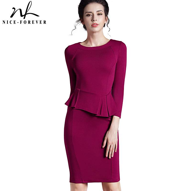 Nice-forever elegante cor sólida peplum vestidos de escritório festa de negócios bodycon bainha vestido feminino 635
