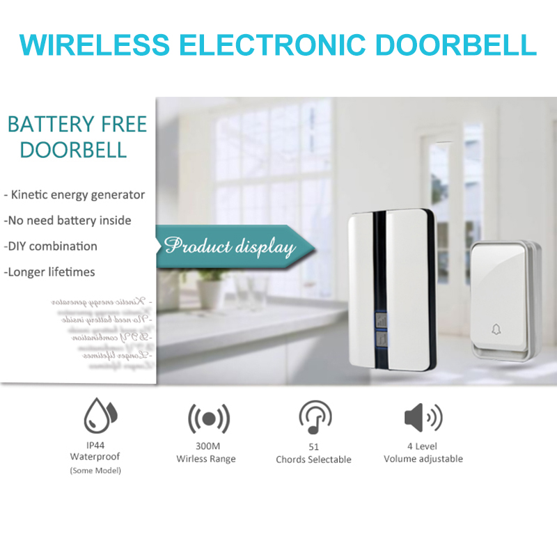 Timbre inalámbrico autoalimentado, No requiere batería, timbre de puerta, 51 tonos de llamada, timbre de enfermería impermeable para exteriores sin batería
