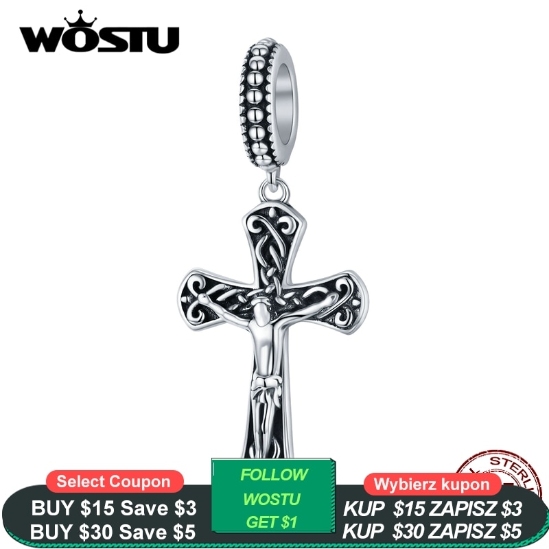 WOSTU 925 En Argent Sterling Croix Perles Charmes Ajustement Bracelet D'origine Collier Pendentif Style Religieux Bijoux CQC1407