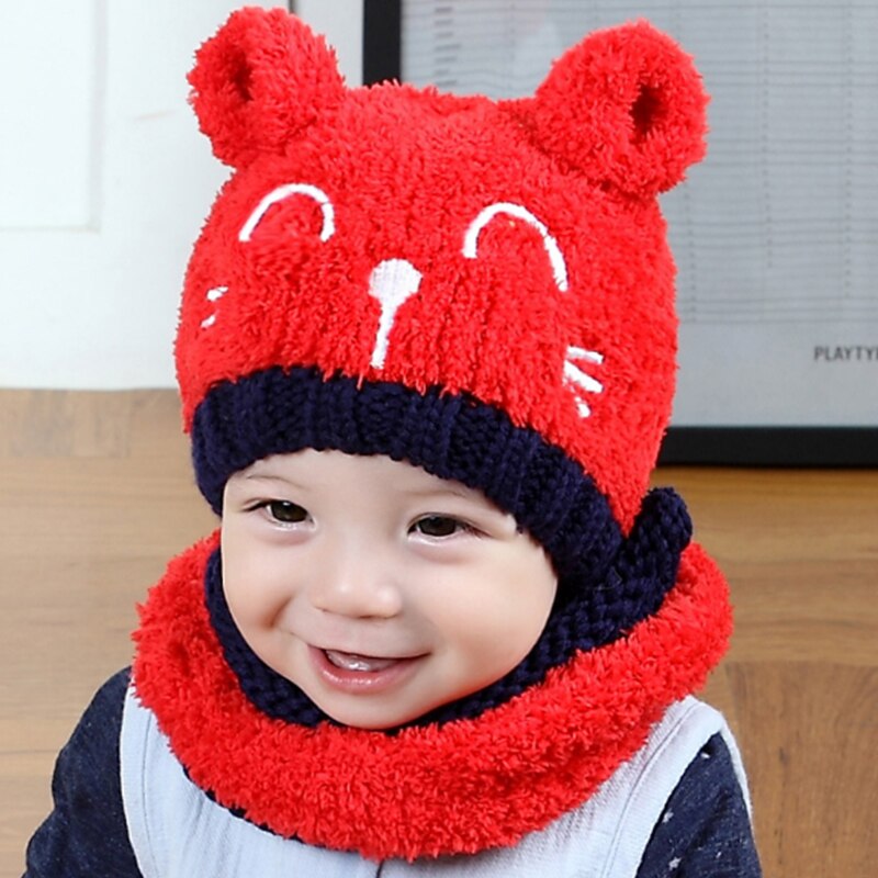 White/Khaki Color Winter Kids Cap Scarf Set For Girls Boys Warm Baby Set Cap And Scarf Lovely Kid Neckerchief