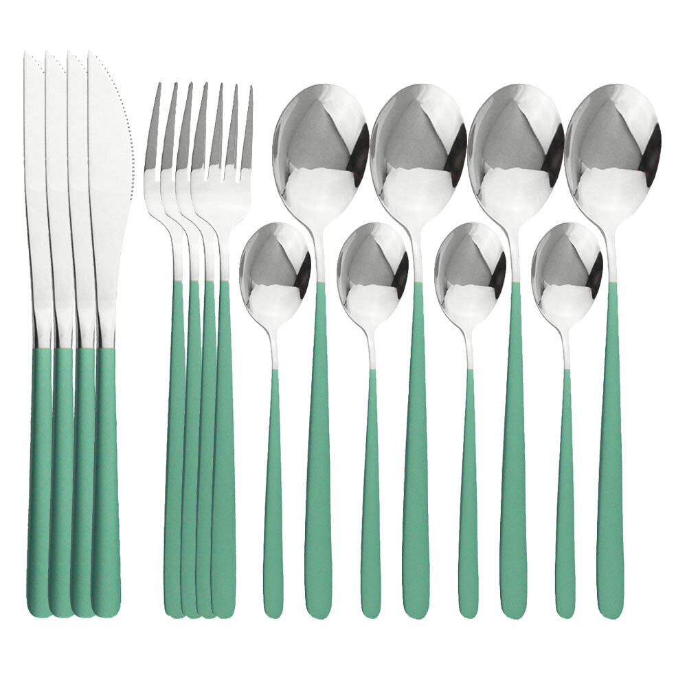 Couverts en acier inoxydable pièces/ensemble, 16 pièces, or rose 18/10, service de table, couteaux, fourchettes, cuillères, vaisselle de cuisine, argenterie: Green SIlver