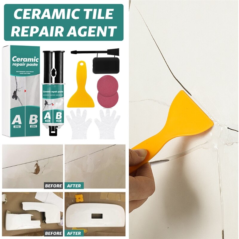 Ceramic Glue Adhesive Tile Repair Paste Kit with Free Scraper and Stirring Tool