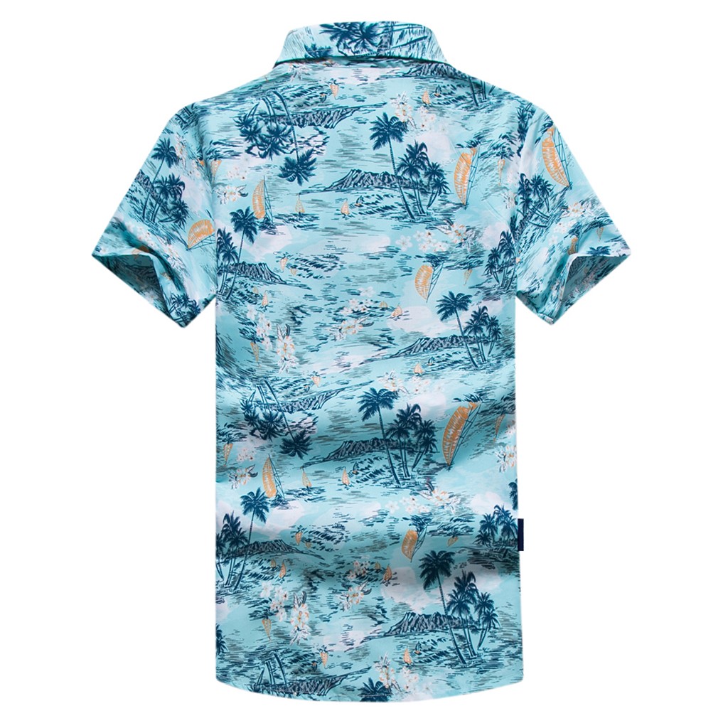Camisa hawaiana de playa verano tropical para hombre camisa de manga corta ropa de Casual suelta de algodón con botones abajo camisetas azul
