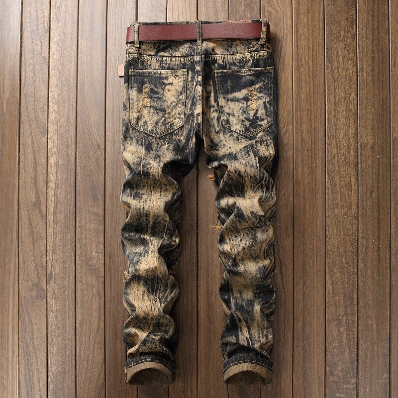 Mænd vintage ripped jeans overskægseffekt joggers retro jeans gule distressed denim bukser tiger broderet plus størrelse 29-42