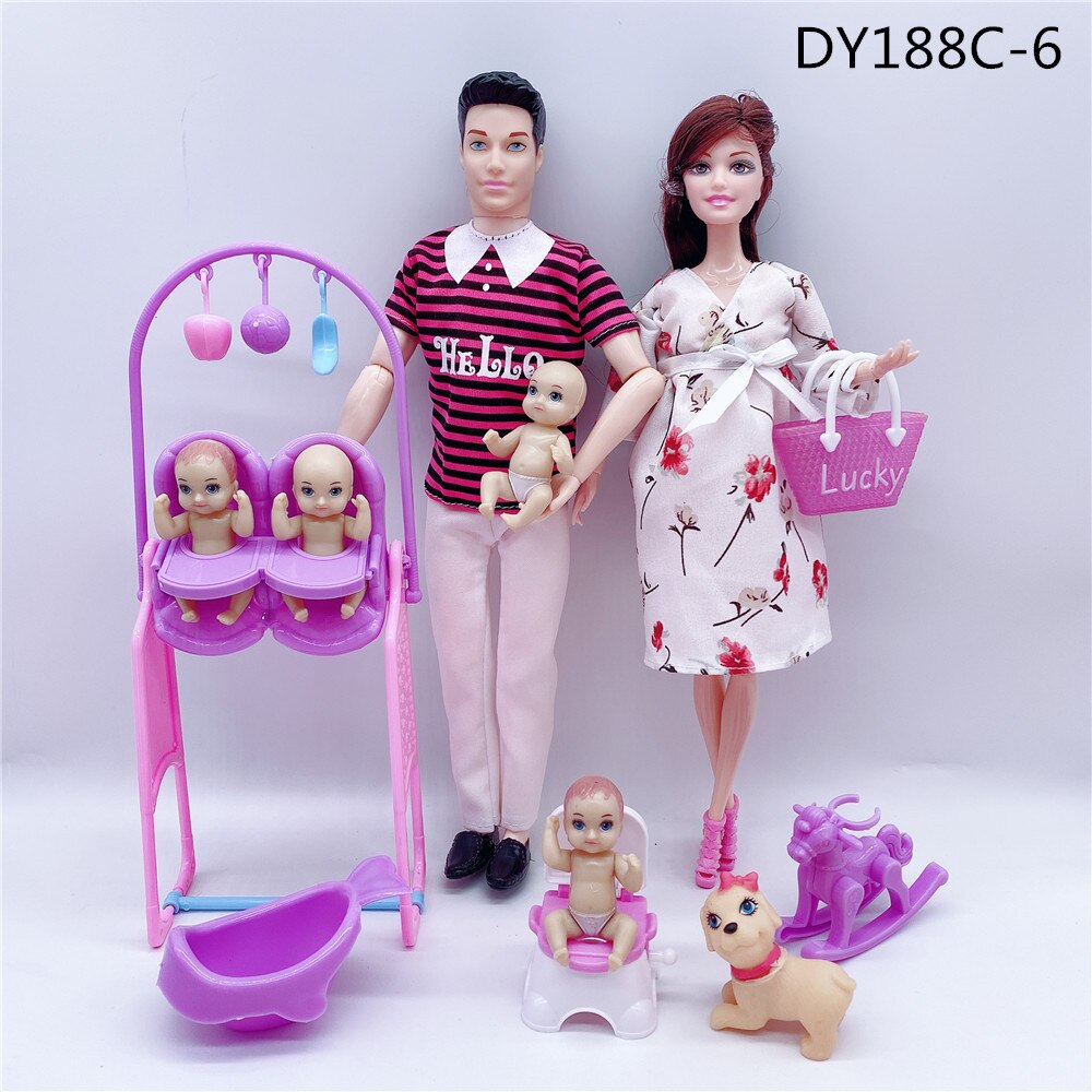 Fashionable 11.5”/30CM male doll + pregnant woman doll dress/small stroller/baby bed/children and girls toys accessories: Brown