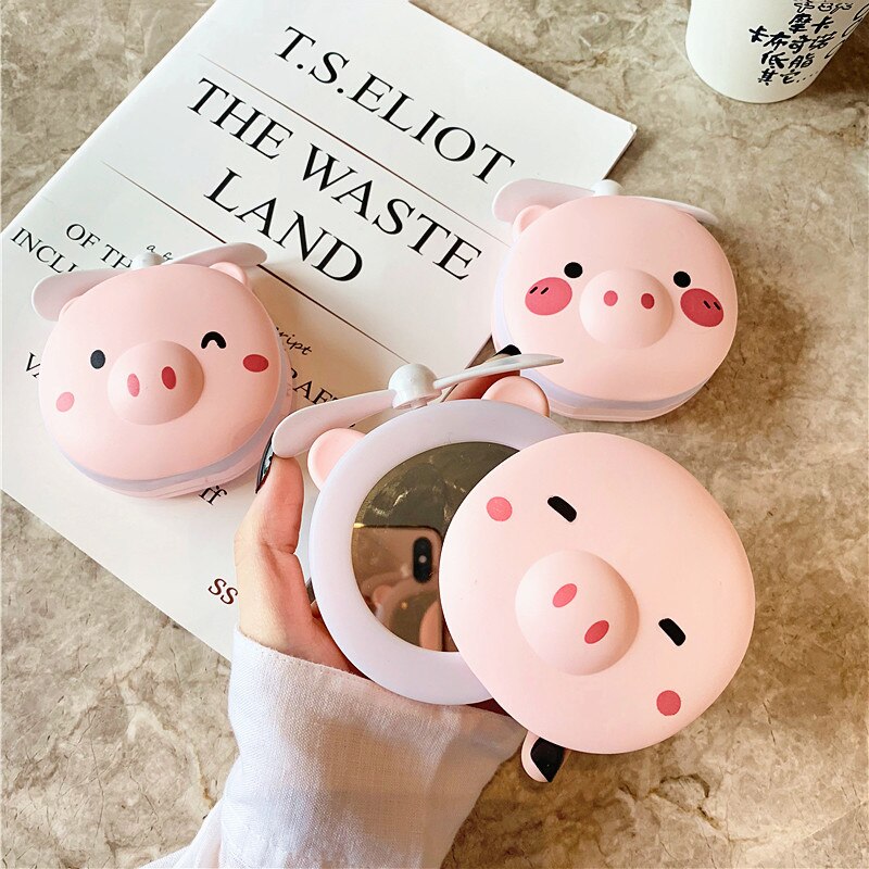 Vibrating Sound With The Pink Pig Beauty Mirror Portable Small Fan USB Charging Mini Handheld LED Fill Light Makeup Mirror