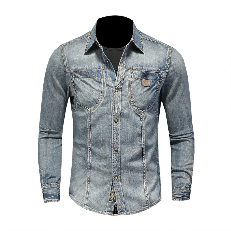 Denim Shirt Long Sleeve Men Casual Cotton Jeans Shirts Slim Fit Mens Solid Pocket Tops