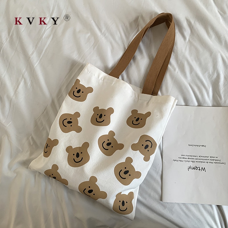 Grote canvas tassen voor dames, boodschappentas voor dames, opvouwbare schoudertas met kleine beerprint, eco-tassen, shopper