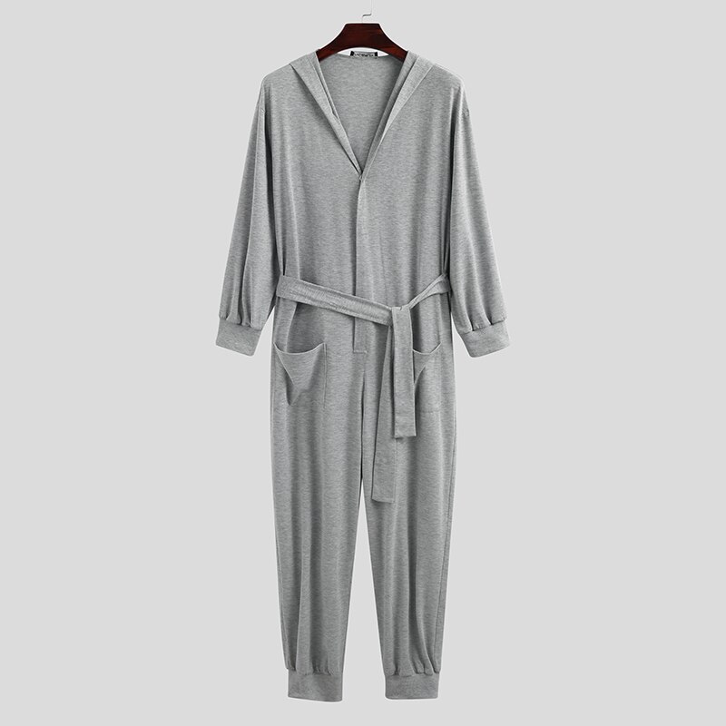 Loose Pockets Homewear INCERUN Leisure Solid Jumpsuits Sleepwear Men Long Sleeve Buttons Hooded Drawstring Rompers Nightgown 5XL: Light Gray / XXXL