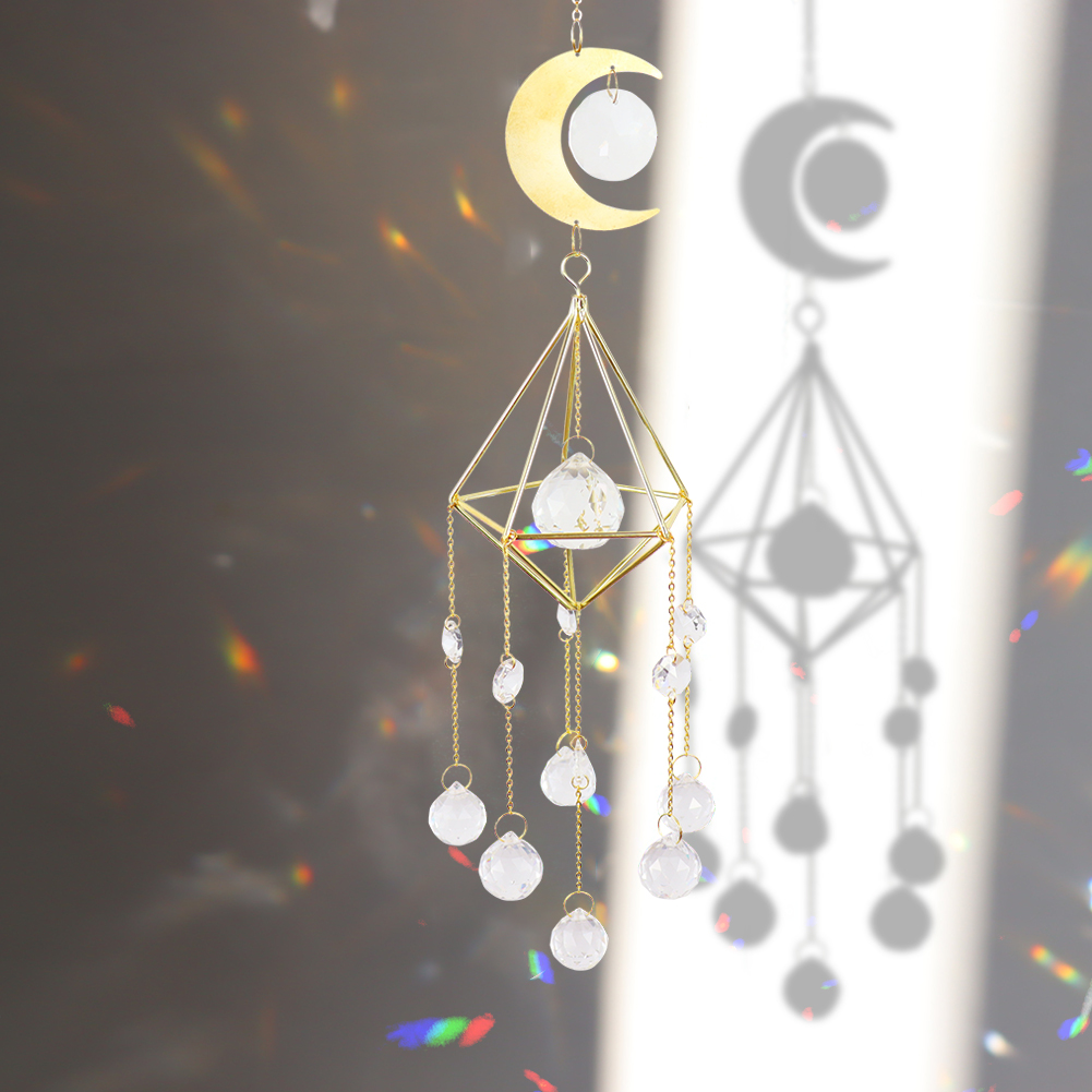 Carillón de viento de cristal con forma de diamante para decoración del hogar, adorno colgante para el sol, con forma de Luna, arcoíris, Prisma, atrapamoscas para jardín y Patio