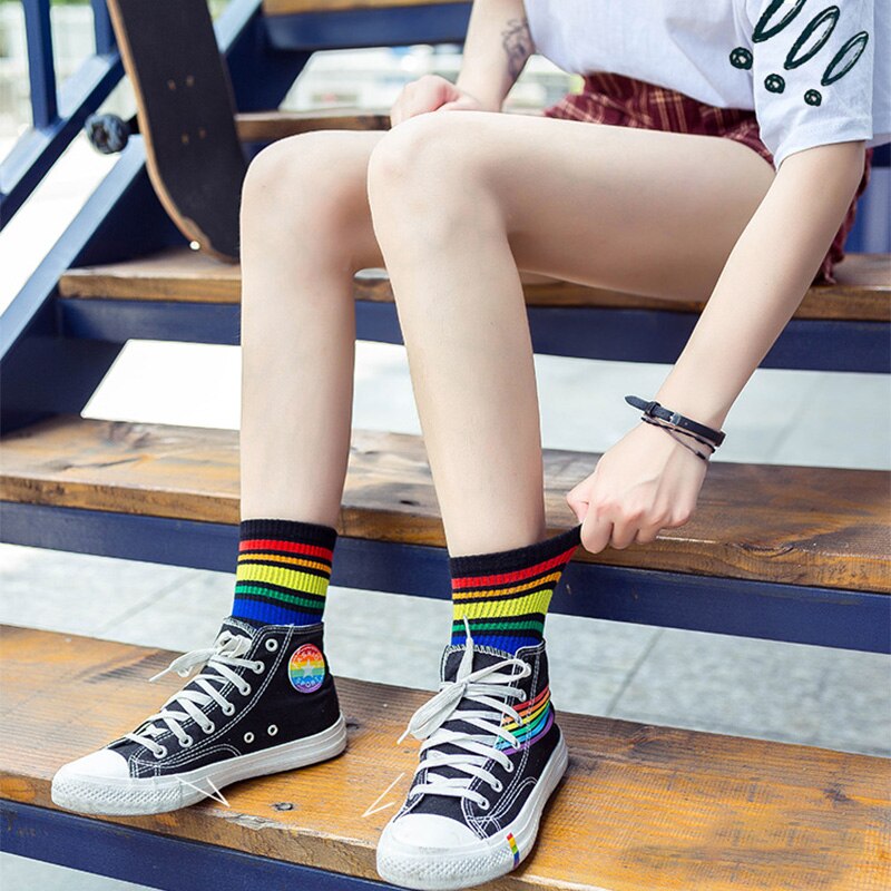 Calcetines de algodón con estampado de arcoíris para mujer, medias coloridas de , cálidas e informales, ropa lgbt, 1 par, Otoño e Invierno