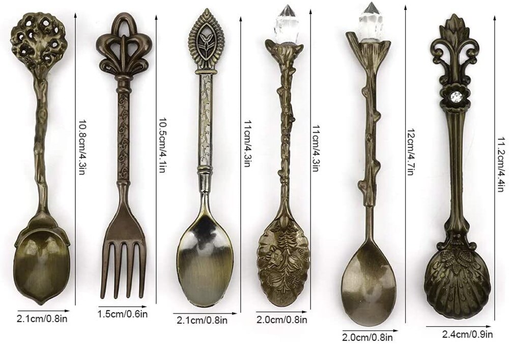 6Pcs Vintage Carved Retro Coffee Tea Spoons Set Mini Ice Cream Crystal Stirring Spoon Scoop Dessert Forks Mixing Sugar Spoon