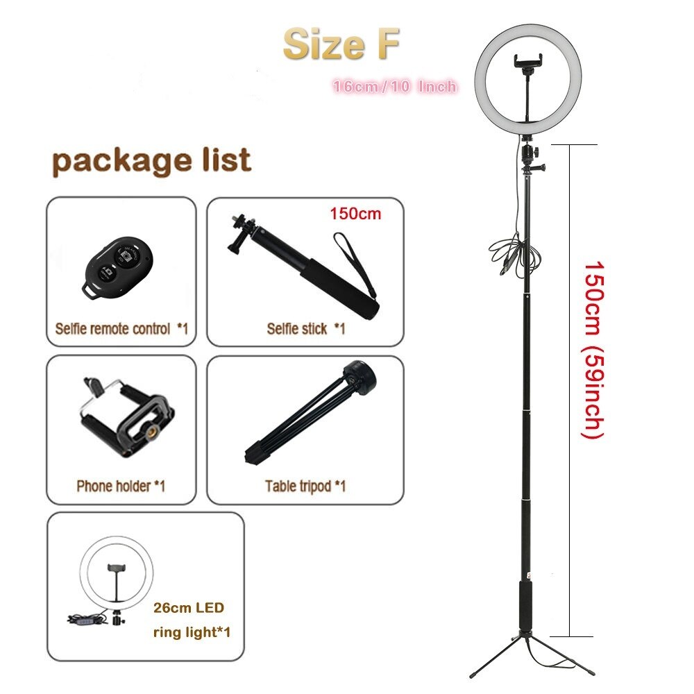 Handheld & Tripod 3 in 1 Extendable Monopod Phone Selfie Stick Ring Light with Wireless Remote Shutter Beauty Dimmable Ring Lamp: Size F