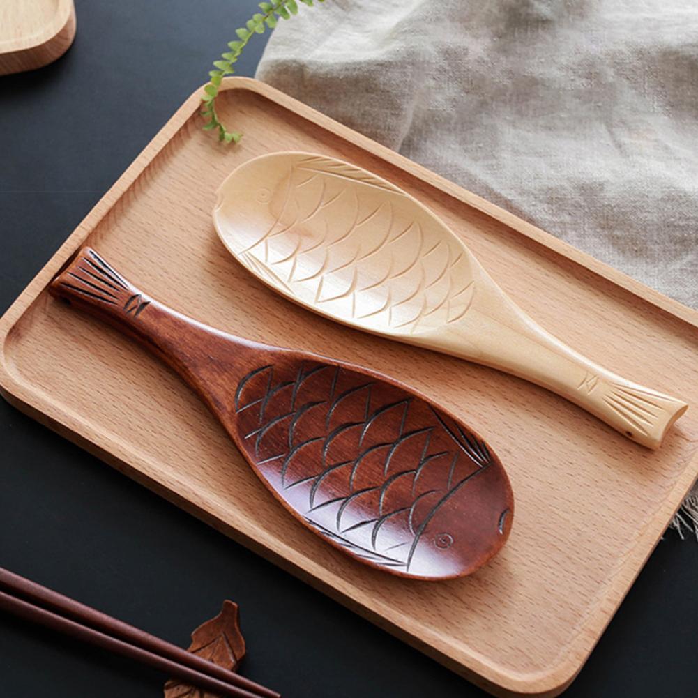 Ergonomic Handmade Rice Serving Spoon Wood Adorable Fish Shape Rice Scoop Paddle for Home Kitchen Tools