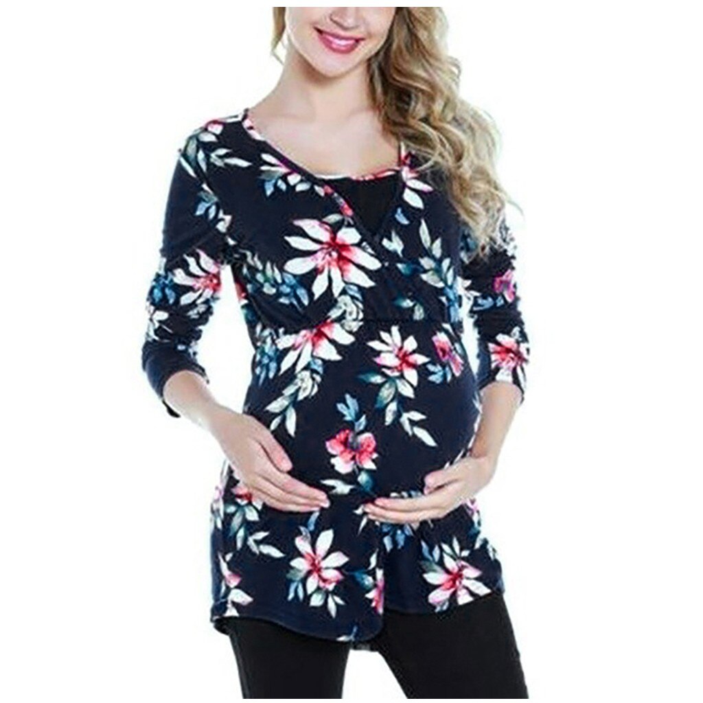 Zwangerschaps- en voedingstops, lange mouwen, voedingstops, winter borstvoeding, bloemenprint, voedingsblouse, sweatshirt  y1029: 8ny / S