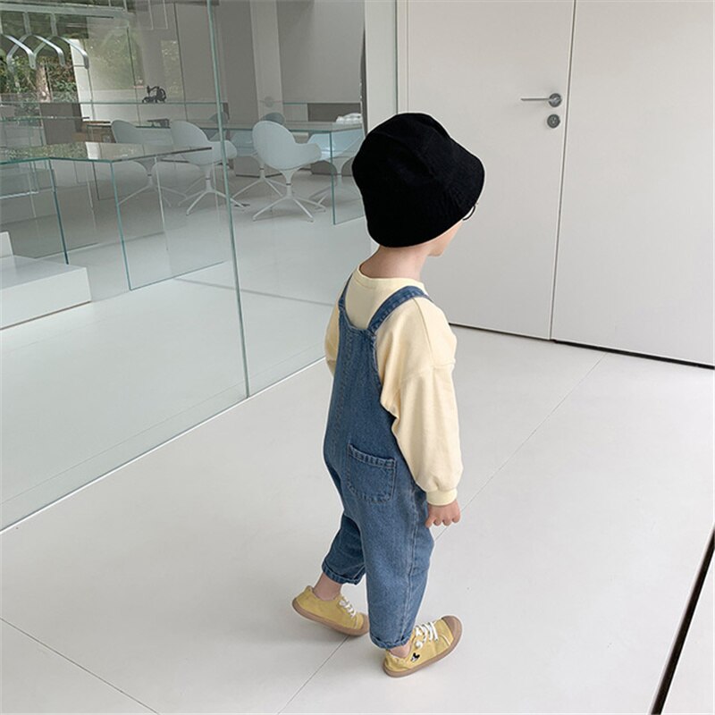 Tuta in denim tinta unita per ragazzi di moda primavera pantaloni casual larghi per bambini in stile coreano