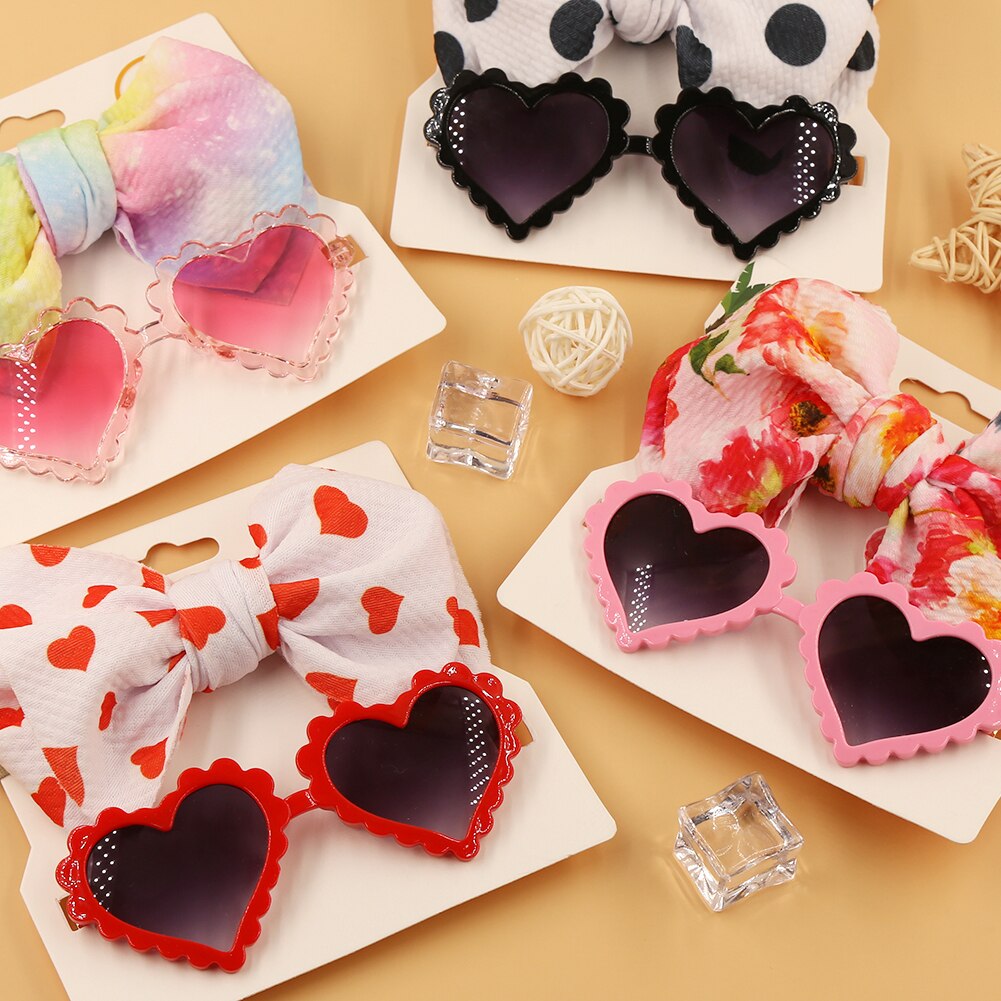 2Pcs/Set Dot Flower Leopard Print Baby Headband with Heart Sunglasses Kids Elastic Nylon Hair Band Girls Hair Accessories