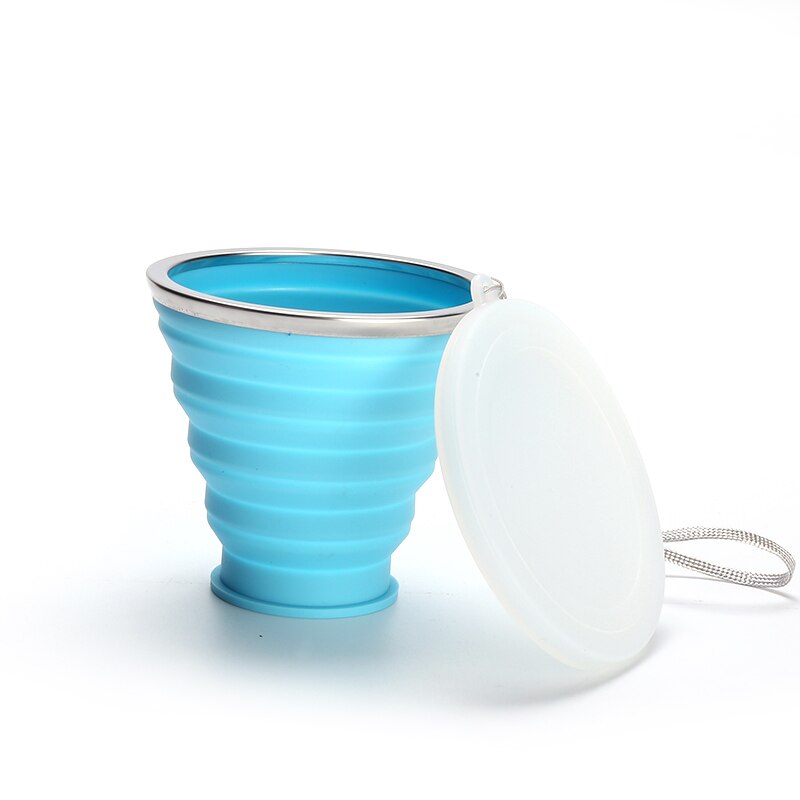 Taza de silicona plegable con varios estilos, plegable, portátil, telescópico, plegable con tapas, para beber té y café, Taza de Viaje de agua al aire libre: 250ml light blue