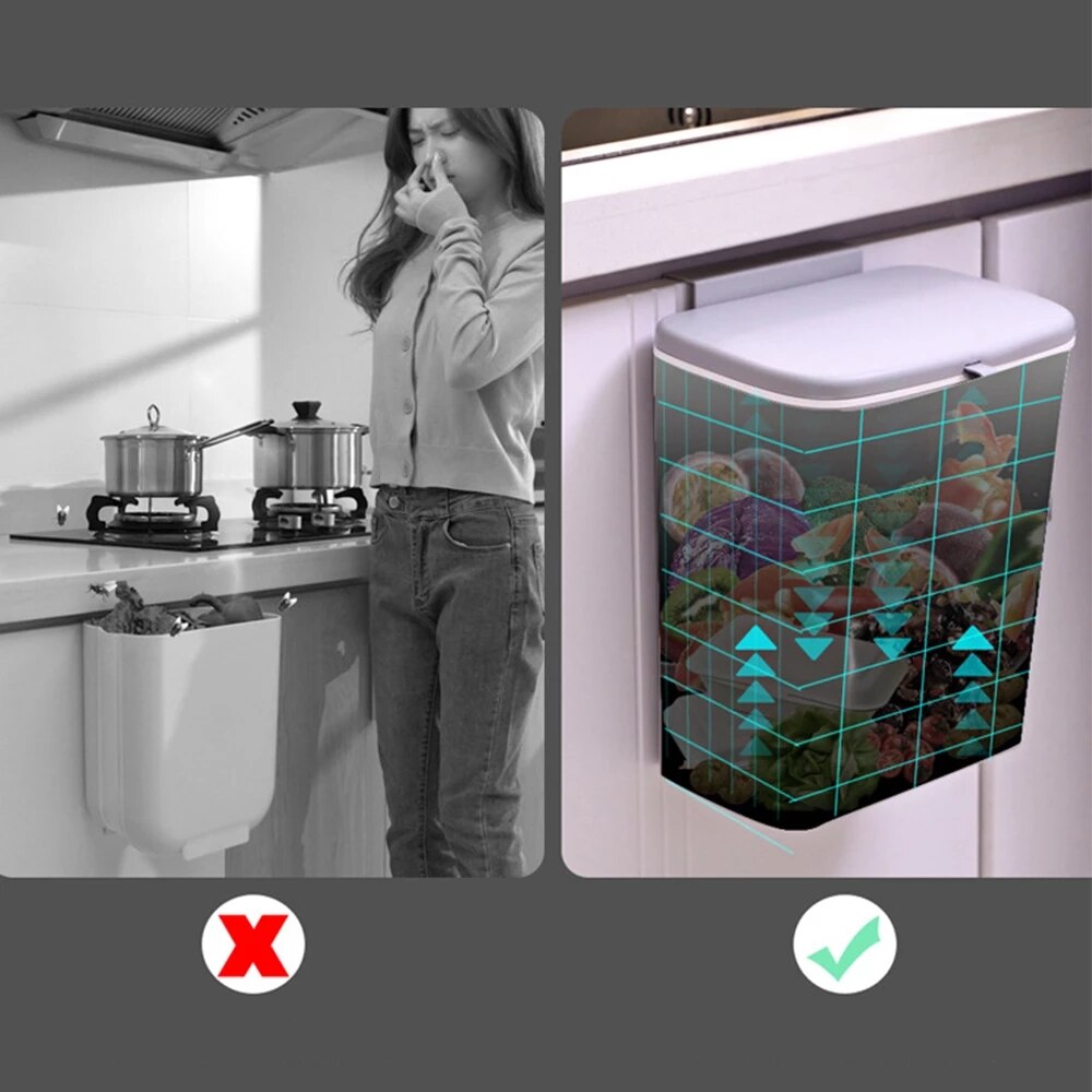 7/9L Kitchen Trash Can Wall Mounted Garbage Bin Recycling Garbage Basket Waste Bin Cabinet Door Hanging With Lid For Bathroom