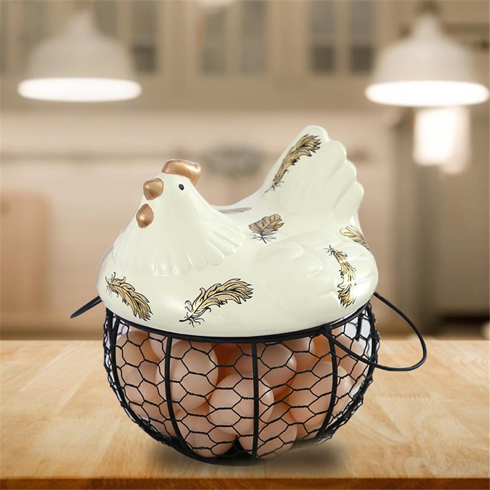 Country Farm Style Metal Wire Egg Storage Basket With Ceramic Chicken Top Handles Fruit Snacks Organizer Kitchen Decoration: Default Title