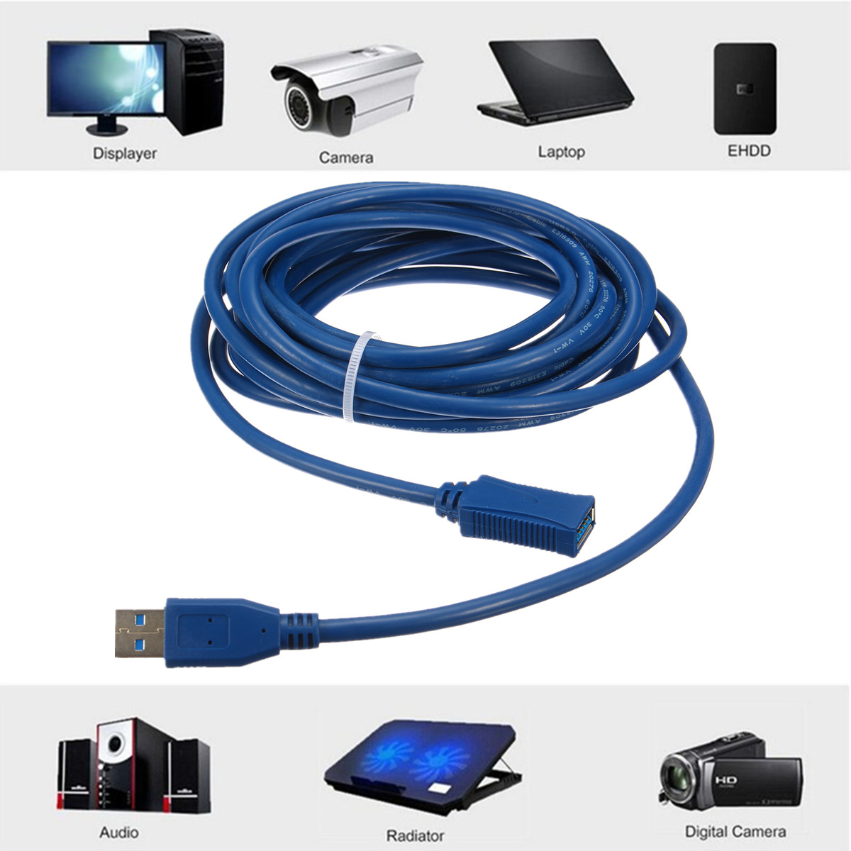 5M USB3.0 Active Repeater Cable Extension Lead 2-in-1 Computer Socket Adapter Extender Prevents Electro-magnetic Interferences