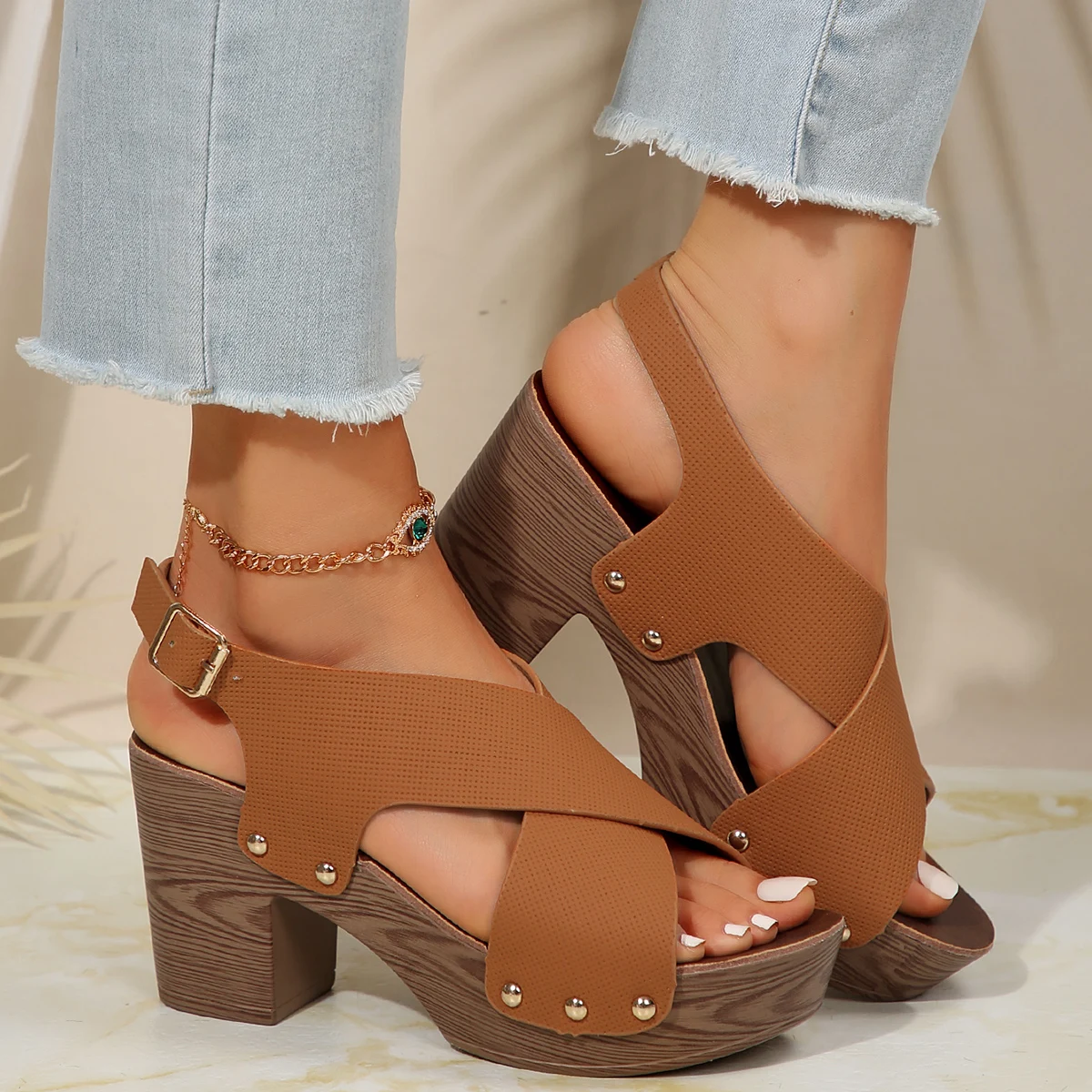 Sandaal van Vrouwen Britse Stijl Rome Schoen Comfortabele Zachte Hoge Hakken Zomer Sandalias Metalen Gesp Casual Slipper Wedge Platform Sandaal: Donker Kaki / 43