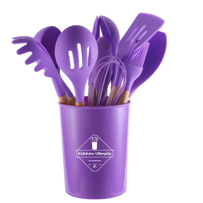 12Pcs Silicone Kitchen Utensils Cooking Wooden Handle Non Stick Pot Kitchenware Set Storage Bucket Silicone Kitchen Utensils: PURPLE