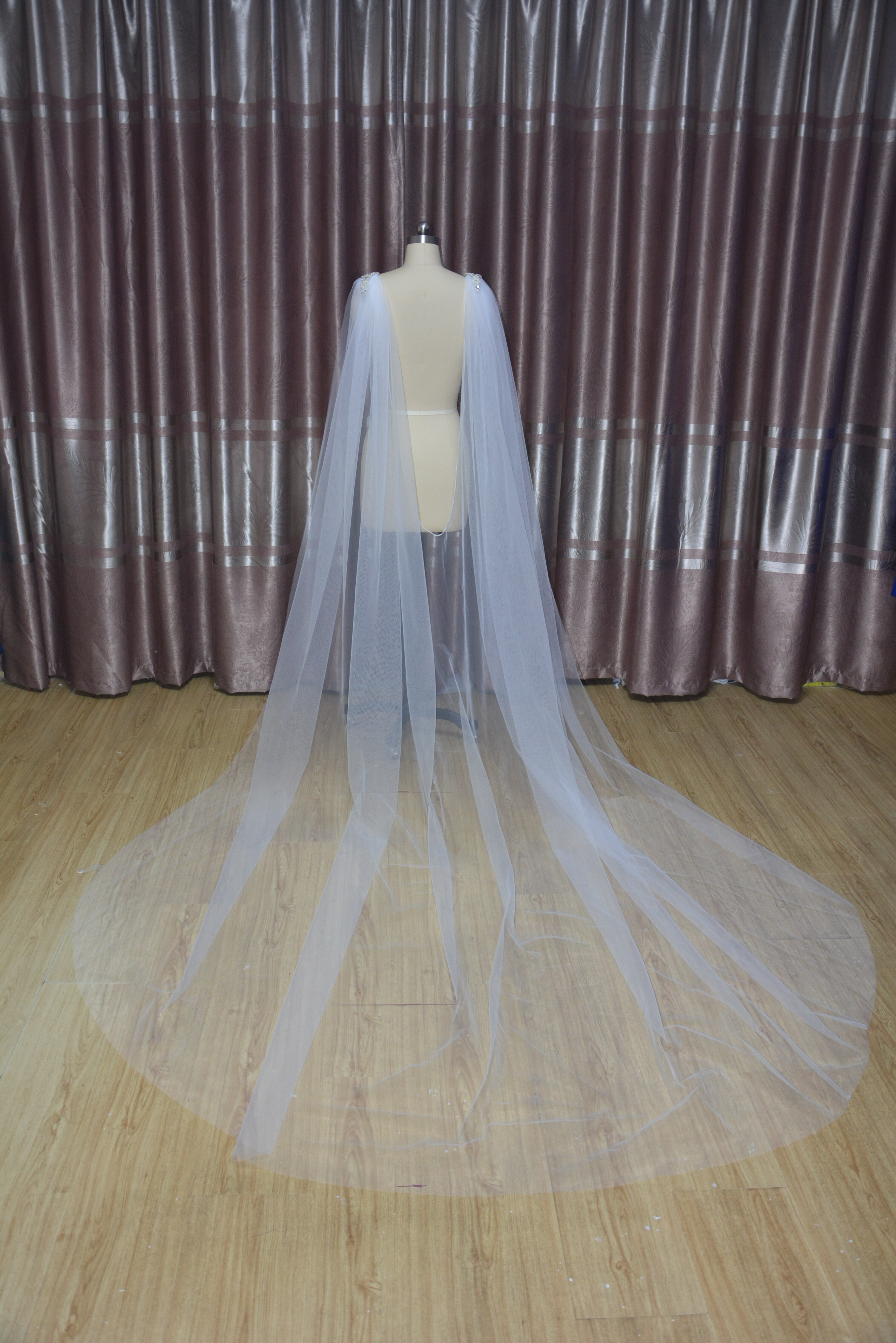 White, Ivory Cape Veil Rhinestone Appliques on Shoulders Long, Bridal Shoulder Veil In