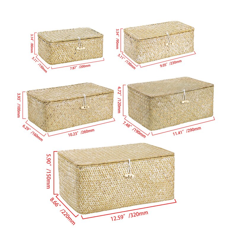 Rectangular Straw Storage Boxes with Lids Hand-woven Wicker Storage Baskets Home Storage Sundries Laundry Toys Box Organizer