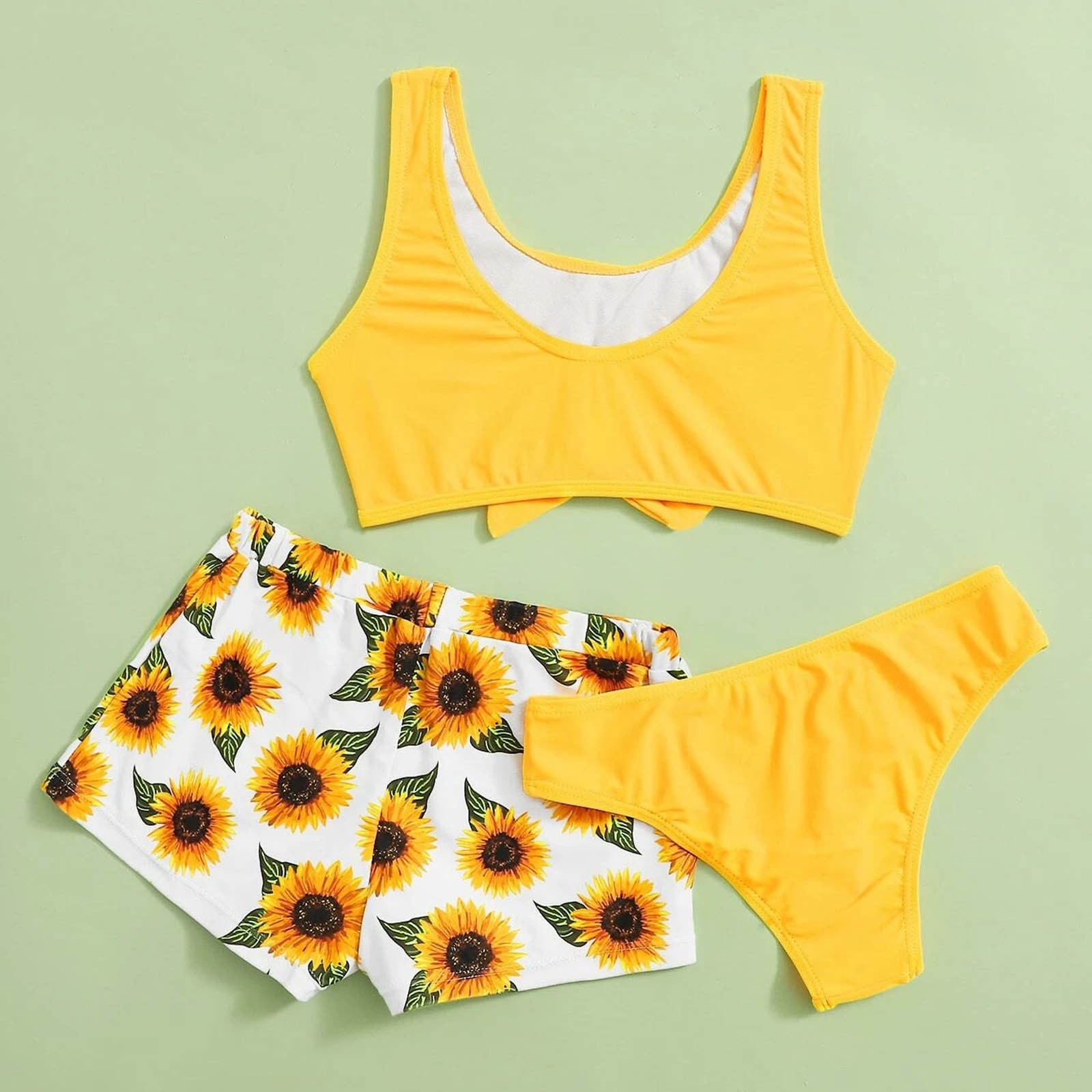 Sunflower Print Kids Swimwear For Girls Summer Cute Crisscross Sunflower Floral Print Three-piece Swimsuit Girls Bathing Suit