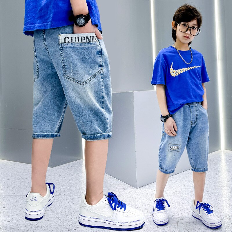Summer Kids Jeans Teen Boys Clothes Children Denim Short Pants Elastic Waist Thin Shorts Children Letter Print Casual Pants