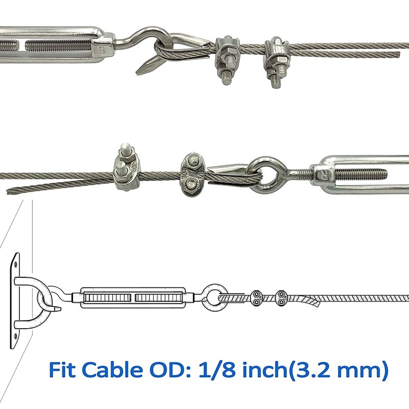 4 pakke 1/8 tommer kabelrækningssæt inkluderet rustfrit stål krogøje spændebånd spænding wire reb kabelklemme fingerbøl