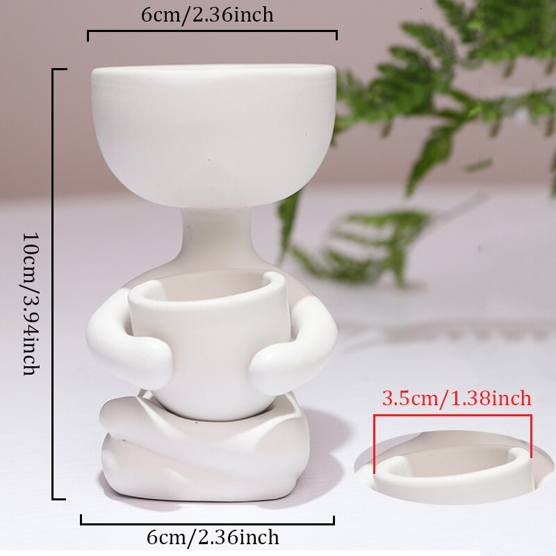 Humanoid Ceramic Flower Pot Character Sitting Posture Sculpture Vase Desktop Flower Arrangement Container Couple Ornaments: White (A)