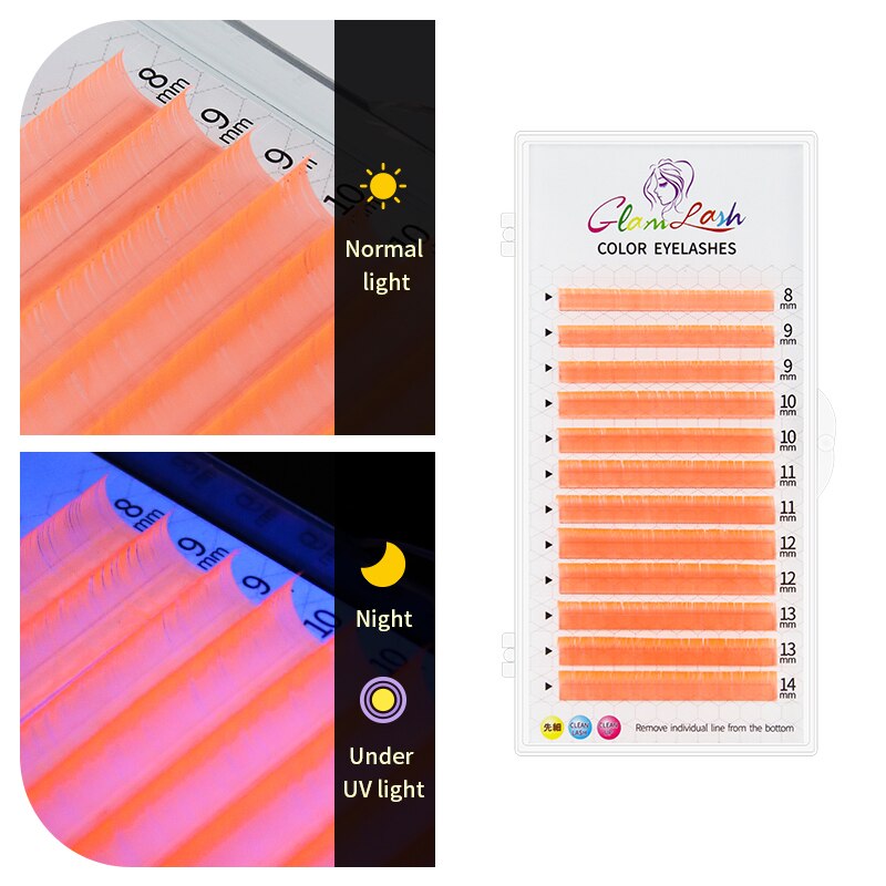GLAMLASH fluorescencyjne przedłużanie rzęs różowy zielony żółty pomarańczowy UV Neon przedłużanie rzęs świecące w ciemności rzęsy makijaż: C / UV Orange